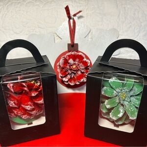 Handmade Pinecone Flower Ornament Trio